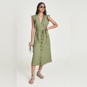 New REISS plunge  midi dress with frill shoulder, size 4